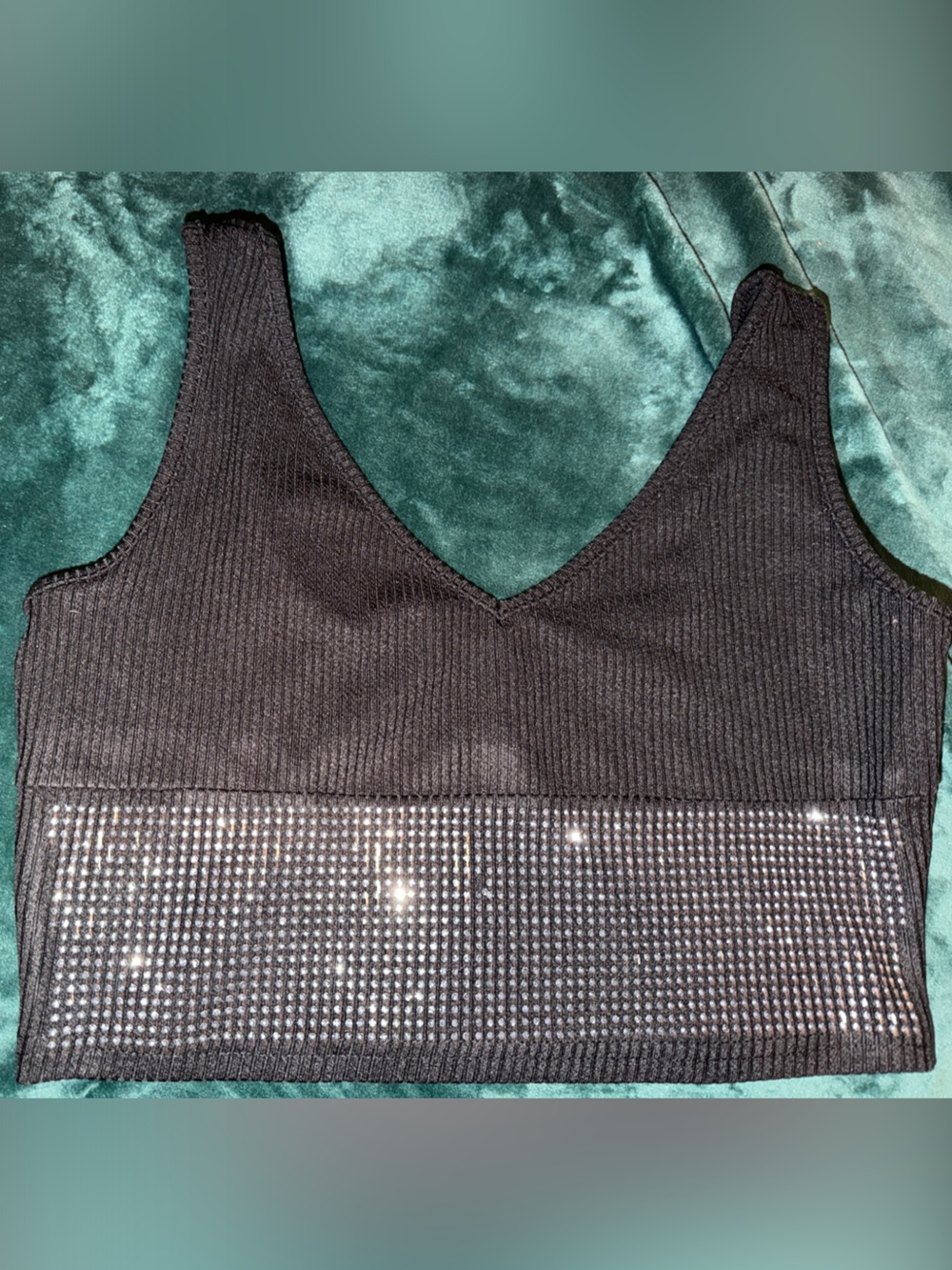SHEIN Black V-Neck Ribbed Crop Sweater with Rhinestone Band